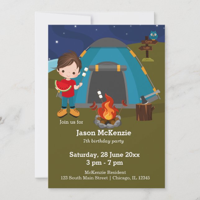 Camping birthday boy invitation (Front)