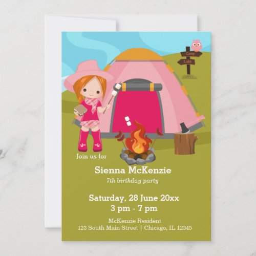 Camping birthday girl invitation