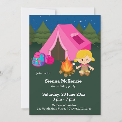 Camping birthday girl invitation