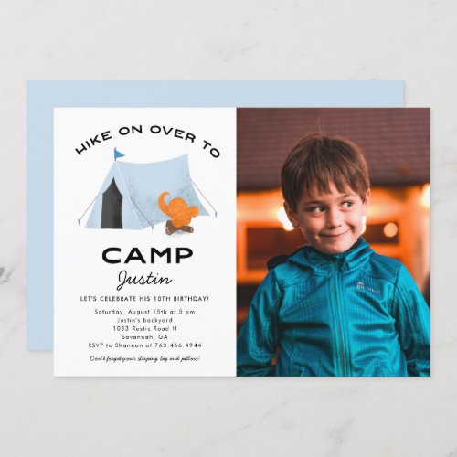 Camping Birthday Party Blue Tent Photo Invitation