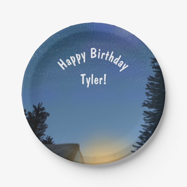 Camping Birthday Party Customizable Message Paper Plates (Front)