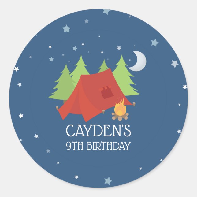 Camping Birthday party favor stickers (Front)