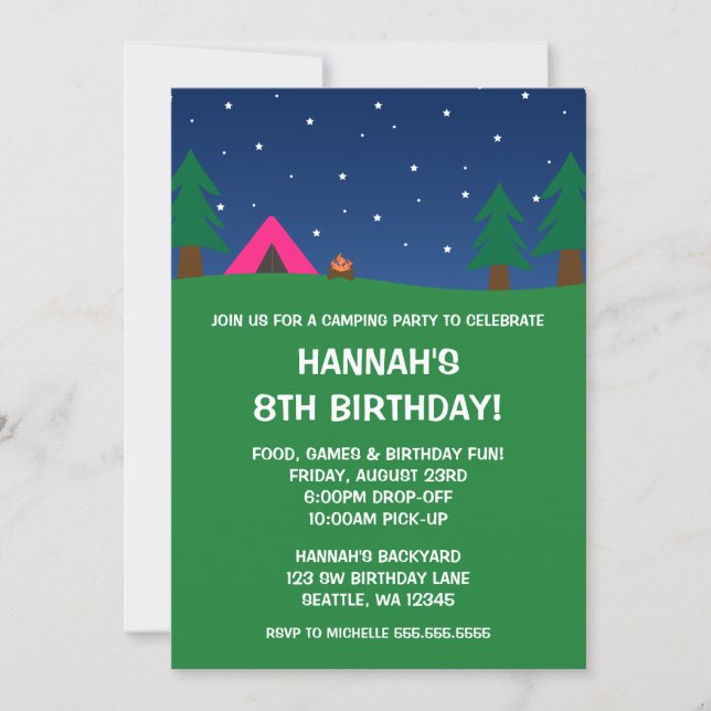 Camping Birthday Party Girls Invitations (Front)