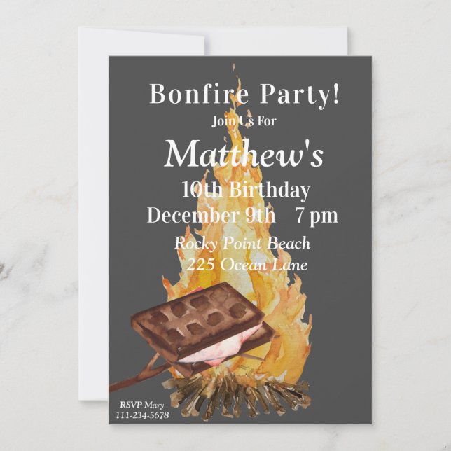 Camping Birthday Party Invitation, Bonfire Party Invitation (Front)