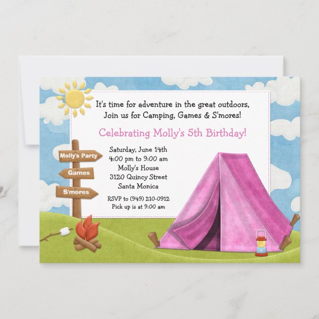 Camping Birthday Party Invitation for Girl (Front)