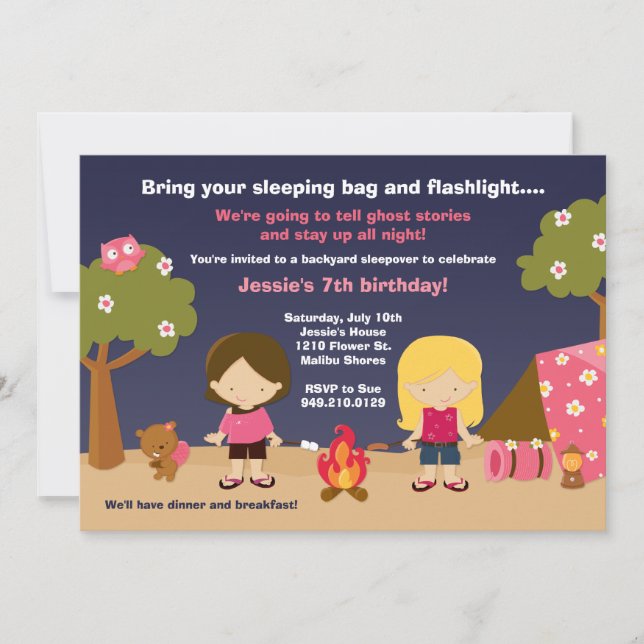 Camping Birthday Party Invitation for Girls (Front)