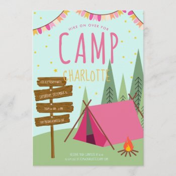 Camping Birthday Party Invitation Pink Green by blush_printables at Zazzle
