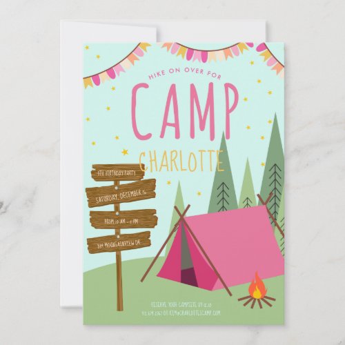 Camping Birthday Party Invitation Pink Green