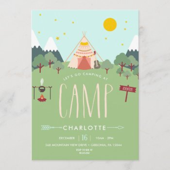 Camping Birthday Party Invitation Pink Green by blush_printables at Zazzle