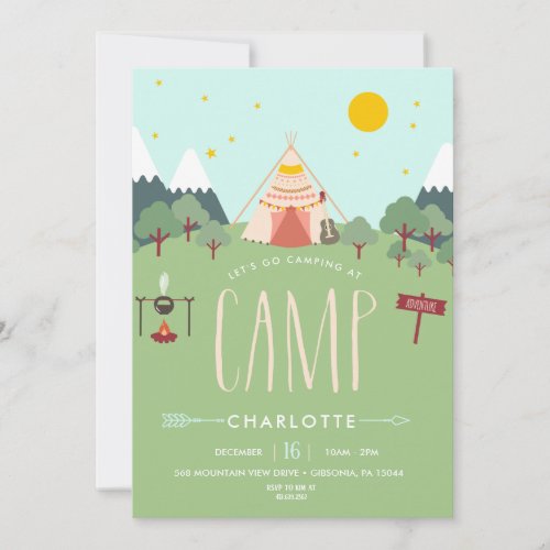 Camping Birthday Party Invitation Pink Green