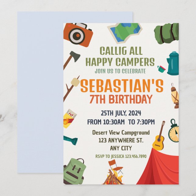 Camping Birthday Party modern kids  Invitation (Front/Back)