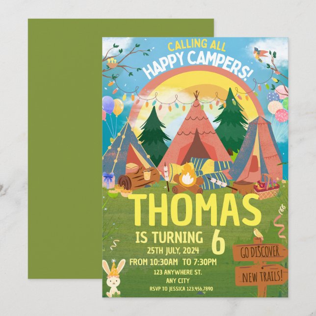 Camping Birthday Party modern kids  Invitation (Front/Back)