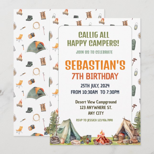 Camping Birthday Party modern kids  Invitation (Front/Back)