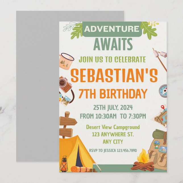 Camping Birthday Party modern kids  Invitation (Front/Back)