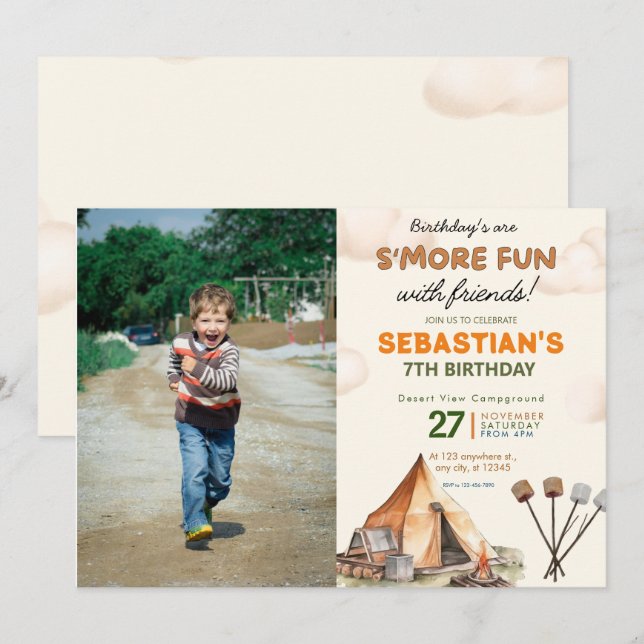 Camping Birthday Party modern kids Photo Invitation (Front/Back)