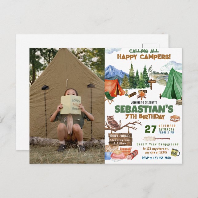 Camping Birthday Party modern kids  Postcard (Front/Back)