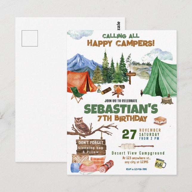 Camping Birthday Party modern kids Postcard (Front/Back)