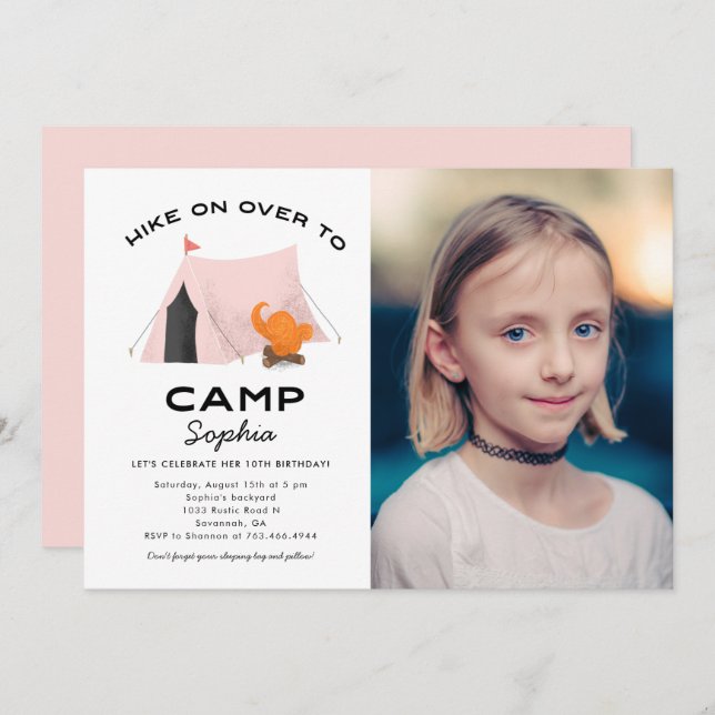 Camping Birthday Party Pink Tent Photo Invitation (Front/Back)