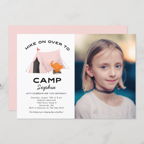 Camping Birthday Party Pink Tent Photo Invitation