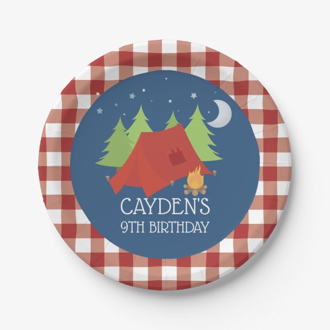Camping Birthday party plates red plaid (Front)