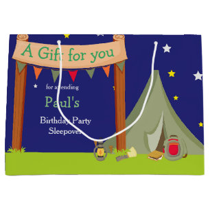 Camping Birthday Party Sleepover Khaki Green Large Gift Bag