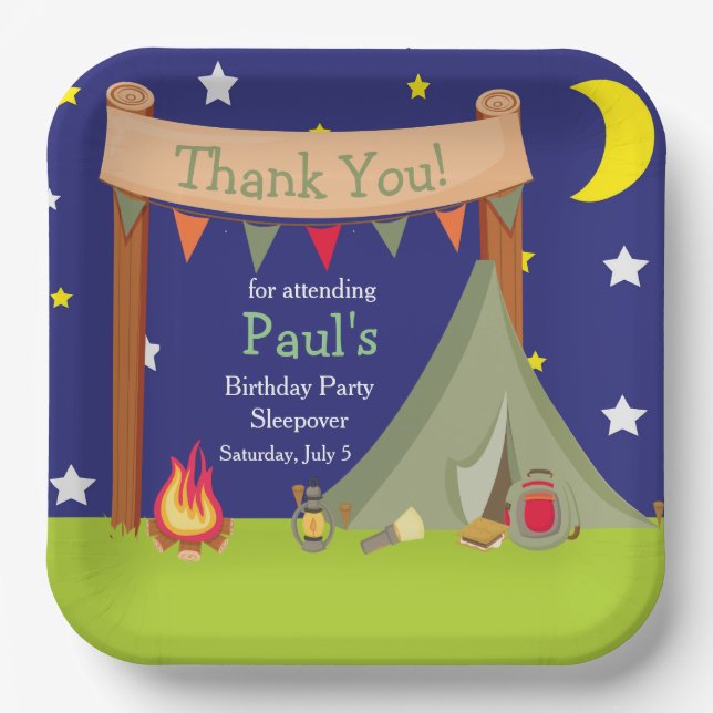 Camping Birthday Party Sleepover Khaki Green Paper Plates (Front)