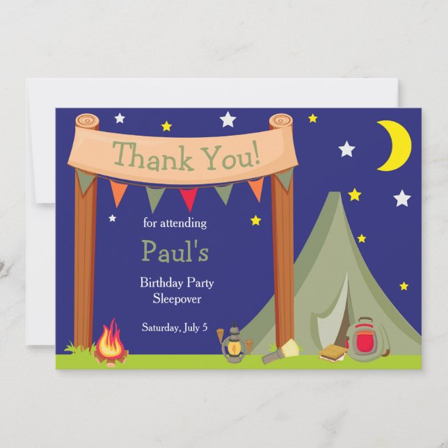 Camping Birthday Party Sleepover Khaki Green Thank You Card (Front)