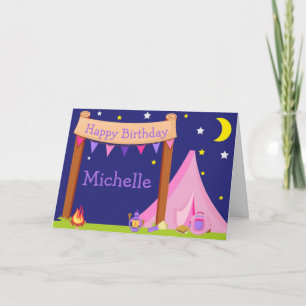 Camping Birthday Party Sleepover Pink and Purple Card