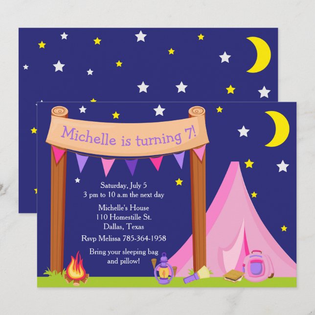 Camping Birthday Party Sleepover Pink and Purple Invitation (Front/Back)