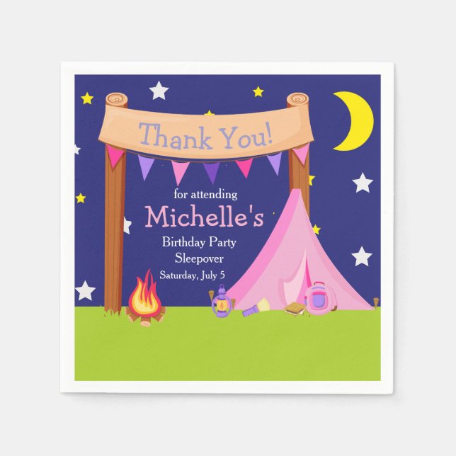 Camping Birthday Party Sleepover pink and purple Napkins (Front)