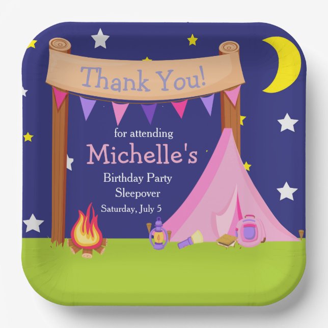 Camping Birthday Party Sleepover pink and purple Paper Plates (Front)