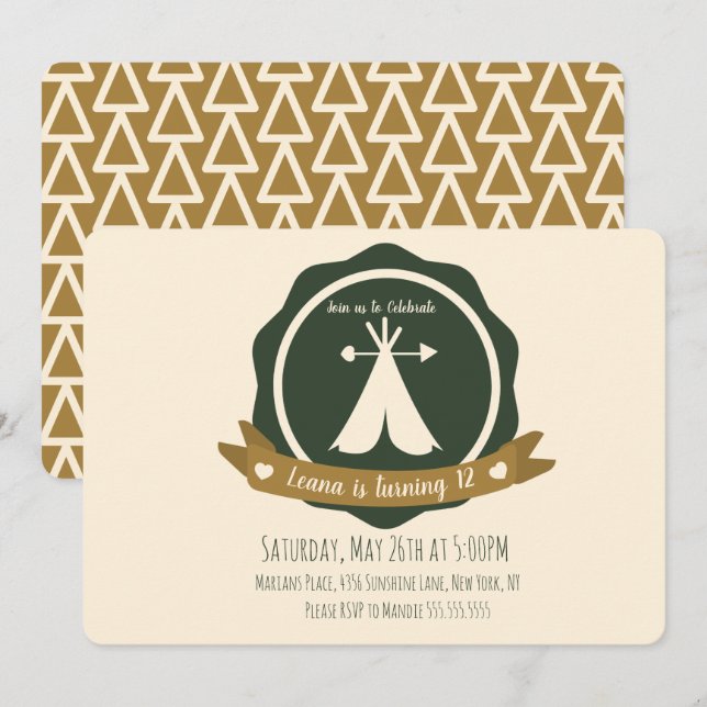 Camping Birthday Party Teepee Badge Invitation (Front/Back)