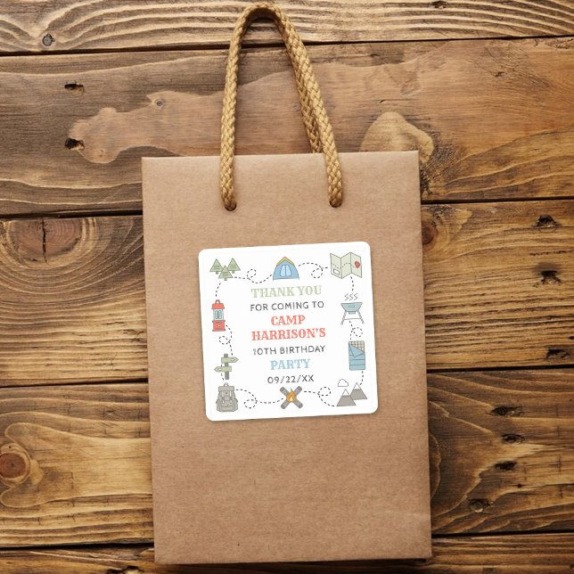 Camping Birthday Party Thank You Square Sticker (Creator Uploaded)