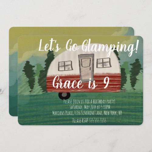 Camping  Birthday Party Vintage Camper Art Invitation