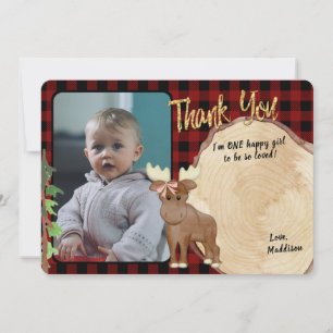 Camping Birthday Plaid with Log Slice Photo Thank You Card