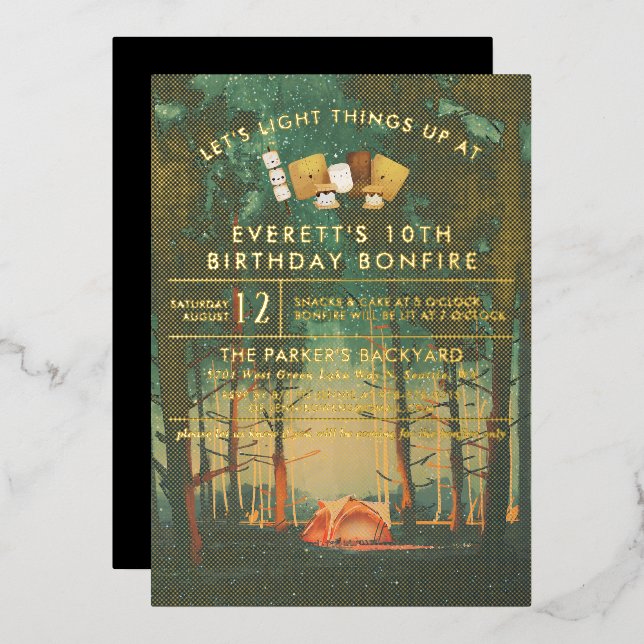 Camping Bonfire S'mores Birthday Party Foil Invitation (Front/Back)