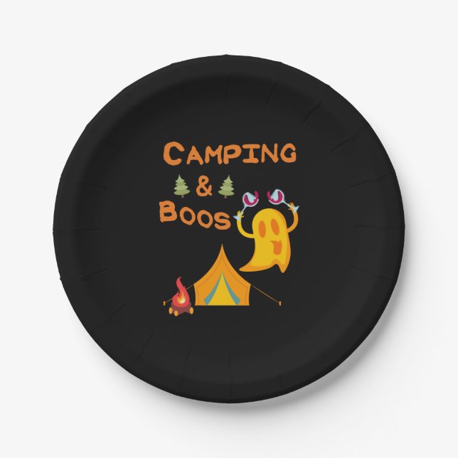 Camping & Boos Ghosts Wine Camping Halloween Paper Plates (Front)