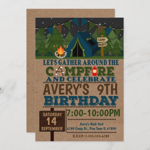 Camping Cam Birthday Party Invitation Camp out