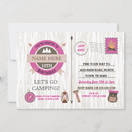 CAMPING Camp Out BIRTHDAY PARTY pink girls invite