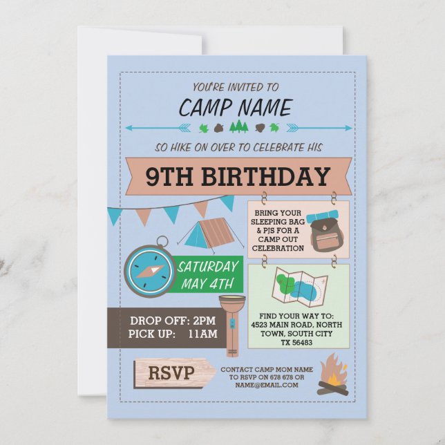 CAMPING Camp Out BUG BIRTHDAY PARTY boys invite (Front)