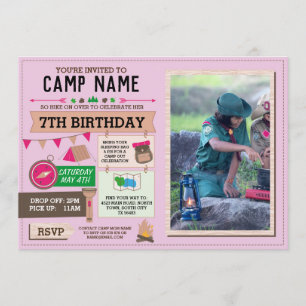 CAMPING Camp Out Photo BIRTHDAY PARTY Girls Pink Invitation