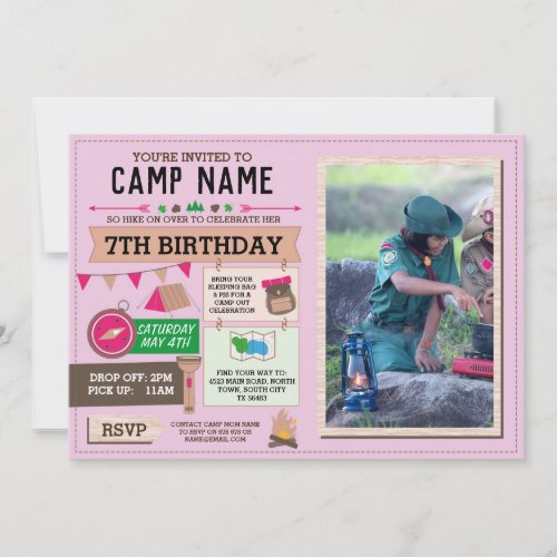 CAMPING Camp Out Photo BIRTHDAY PARTY Girls Pink Invitation