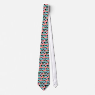 CAMPING CAMPER'S TRAVEL TRAILER BLUE ON CORAL NECK TIE