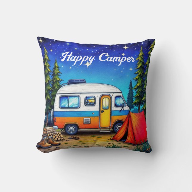 Camping Campervan Watercolor Nature Throw Pillow (Front)