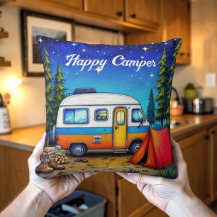 Camping Campervan Watercolor Nature Throw Pillow