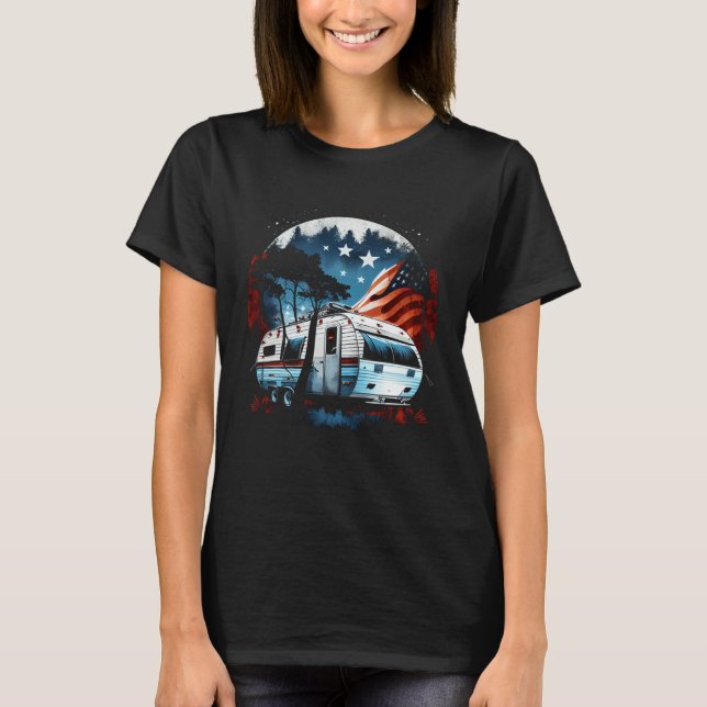 Camping Caravan US Flag Graphic Tees Men Women Boy (Front)