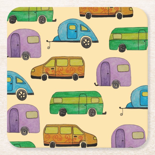 Camping caravans square paper coaster (Front)