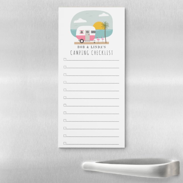 Camping Checklist Pink Trailer Beach Magnetic Notepad (In Situ)