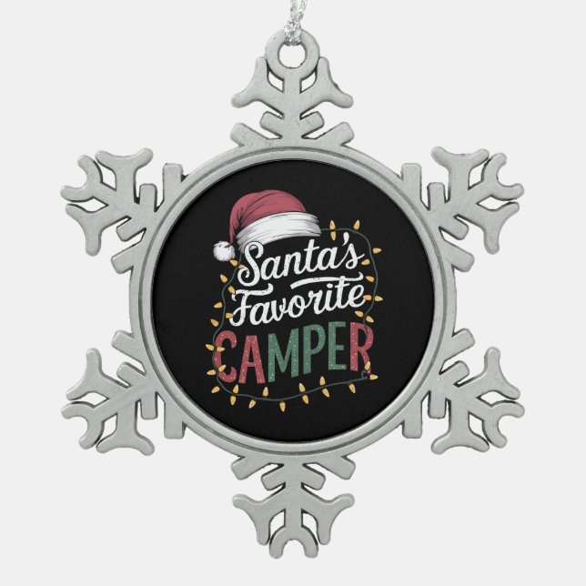 Camping Christmas Santa's Favorite Camper Gift Snowflake Pewter Christmas Ornament (Front)