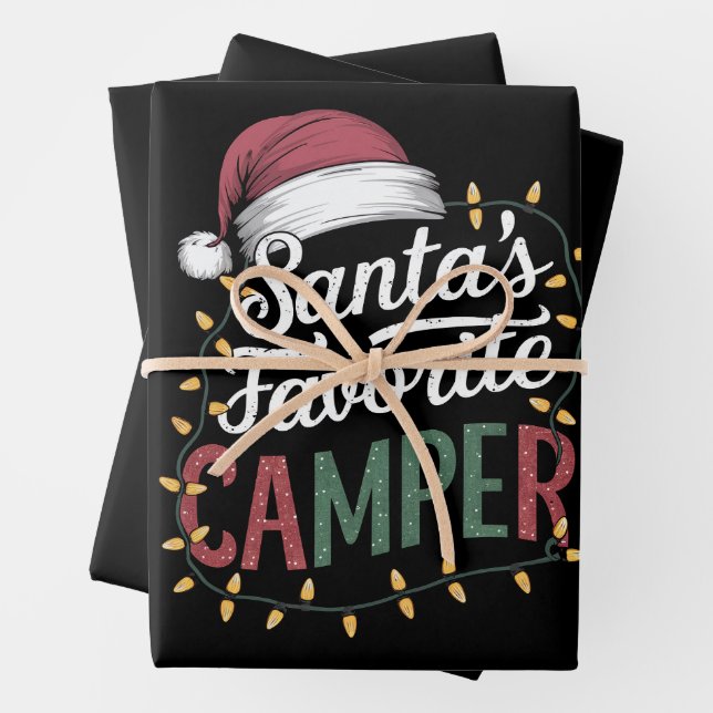 Camping Christmas Santa's Favorite Camper Gift Wrapping Paper Sheets (In situ)